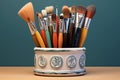 paint brushes sit in a bowl with multiple types of artbrushs