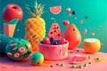 AI-generated illustration of a variety of colorful fruits.