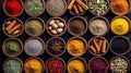 AI generated illustration of a variety of colorful spices arranged in separate bowls Royalty Free Stock Photo