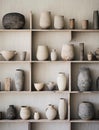 AI-generated illustration of a variety of decorative ceramic vases and bowls arranged on a shelf