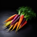AI generated illustration of A variety of fresh carrots of assorted sizes and colors