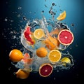 AI generated illustration of a variety of fresh citrus fruits submerged in a splash of clean water