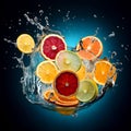 AI generated illustration of a variety of fresh citrus fruits submerged in a splash of clean water