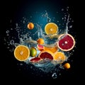AI generated illustration of a variety of fresh citrus fruits submerged in a splash of clean water