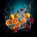 AI generated illustration of a variety of fresh citrus fruits submerged in a splash of clean water