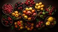 AI generated illustration of a variety of fresh fruit arranged in multiple baskets