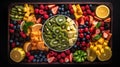 AI generated illustration of a variety of fresh fruits and berries, including bananas, apples