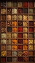 a bunch of different spices and nuts on a shelf in a room