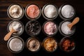 AI generated illustration of a variety of spices in small containers on the table