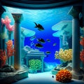 AI generated illustration of a variety of tropical fish in front of ornate stone columns in the sea