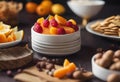 a bunch of bowls of fruit on a table with chips Royalty Free Stock Photo