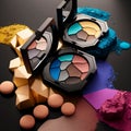 AI-generated illustration of various colorful eyeshadow and powder cosmetics on a flat surface.