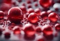 AI generated illustration of various red liquid spheres arranged on a sleek black surface