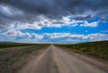 AI generated illustration of a vast and barren desert landscape, featuring a long and empty road