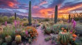 AI generated illustration of a vast desert landscape adorned with cacti and prickly pear plants Royalty Free Stock Photo
