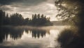 AI generated illustration of a vast lake surrounded by lush trees, displaying serene waterscape Royalty Free Stock Photo