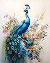 AI generated illustration of a vibrant ablue peacock perched on a branch