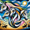 AI generated illustration of vibrant abstract artwork featuring a group of horses