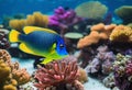 AI generated illustration of a vibrant aquarium scene featuring a variety of tropical fish