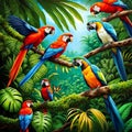 AI generated illustration of a vibrant array of birds perched atop a sturdy tree branch