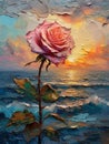 AI generated illustration of a vibrant, artistic portrayal of a rose against a scenic sunset