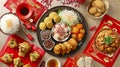 various different dishes and drink are on red place mats with red bags