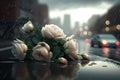 AI generated illustration of a vibrant assortment of flowers laid on the side of a damp road