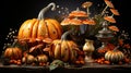 AI generated illustration of a vibrant autumnal display pumpkins, mushrooms, and assorted plants