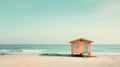 AI generated illustration of A vibrant beach hut stands against a backdrop of blue sea and sky.