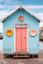 AI generated illustration of a vibrant beach shack in shades of blue and pink