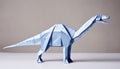 AI generated illustration of a vibrant blue origami Andesaurus dinosaur on a white background