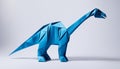 AI generated illustration of a vibrant blue origami Andesaurus dinosaur on a white background