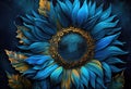 AI generated illustration of a vibrant blue sunflower against a solid black backdrop