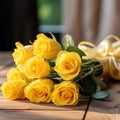 AI generated illustration of a vibrant bouquet of yellow roses i in a rustic wooden table