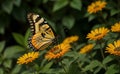 AI generated illustration of a vibrant butterfly perched atop a cluster of yellow wildflowers