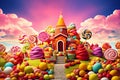 AI generated illustration of a vibrant candy-themed scene featuring a large multi-colored house