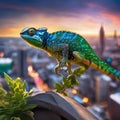 AI generated illustration of A vibrant chameleon perched on the edge of a wall Royalty Free Stock Photo