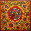 AI generated illustration of a vibrant and colorful Madhubani painting of a bird in the Bharni style