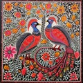 AI generated illustration of a vibrant and colorful Madhubani painting of birds in the Bharni style