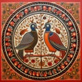 AI generated illustration of a vibrant and colorful Madhubani painting of birds in the Bharni style