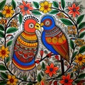 AI generated illustration of a vibrant and colorful Madhubani painting of birds in the Bharni style