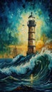 AI generated illustration of a vibrant and colorful painting of a lighthouse on the shore