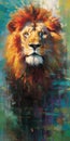 AI generated illustration of a vibrant, colorful painting of a lion