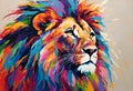 AI generated illustration of a vibrant and colorful painting of a lion with multicolored eyes
