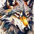 AI generated illustration of a vibrant colorful painting of a wolf face