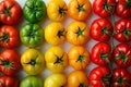 AI-generated illustration of a vibrant, colorful selection of tomatoes arranged on a white backdrop