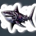 AI generated illustration of a vibrant and colorful sticker featuring an imaginative robotic shark