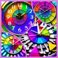 AI generated illustration of a vibrant display of analog clocks with colored numbers