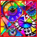 AI generated illustration of a vibrant display of analog clocks with colored numbers