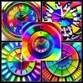 AI generated illustration of a vibrant display of analog clocks with colored numbers
